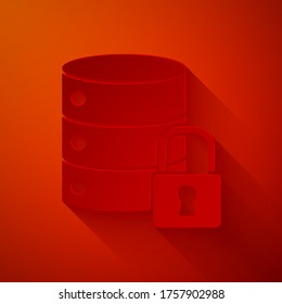 Paper cut Server security with closed padlock icon isolated on red background. Security, safety, protection concept. Paper art style. Vector Illustration