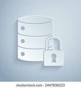 Paper cut Server security with closed padlock icon isolated on grey background. Security, safety, protection concept. Paper art style. Vector Illustration