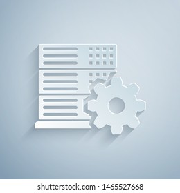 Paper cut Server setting icon isolated on grey background. Paper art style. Vector Illustration