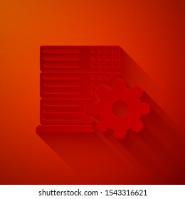 Paper cut Server setting icon isolated on red background. Paper art style. Vector Illustration