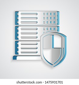 Paper cut Server with shield icon isolated on grey background. Protection against attacks. Network firewall, router, switch or server, data. Paper art style. Vector Illustration