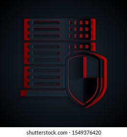 Paper cut Server with shield icon isolated on black background. Protection against attacks. Network firewall, router, switch or server, data. Paper art style. Vector Illustration