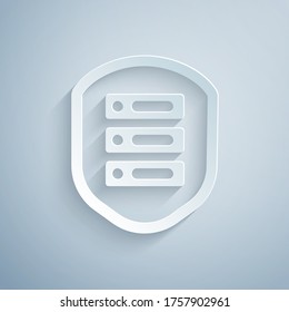Paper cut Server with shield icon isolated on grey background. Protection against attacks. Network firewall, router, switch, data. Paper art style. Vector Illustration