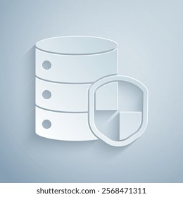 Paper cut Server with shield icon isolated on grey background. Protection against attacks. Network firewall, router, switch, data. Paper art style. Vector Illustration