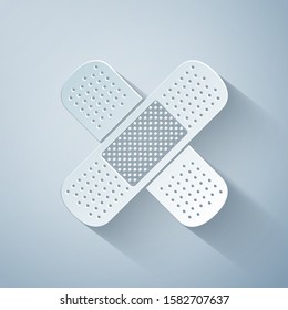 Paper cut Set Bandage plaster icon isolated on grey background. Medical plaster, adhesive bandage, flexible fabric bandage. Paper art style. Vector Illustration