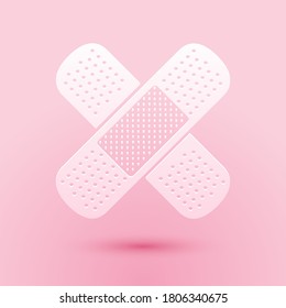 Paper cut Set Bandage plaster icon isolated on pink background. Medical plaster, adhesive bandage, flexible fabric bandage. Paper art style. Vector.