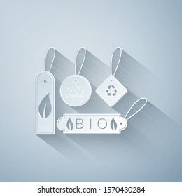 Paper cut Set of banners, labels, tags, logos for eco green healthy foods icon isolated on grey background. Organic products. Healthy food stickers. Paper art style. Vector Illustration