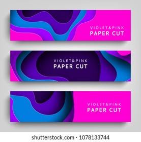 Paper cut set horizontal banners vector background. Paper art is violet and blue colors. Square template with paper figures. Bright modern design for poster, flyer, poster, postcard