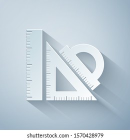 Paper cut Set ruler, triangular ruler and protractor icon isolated on grey background. Straightedge sign. Triangle sign. Geometrical instruments. Paper art style. Vector Illustration