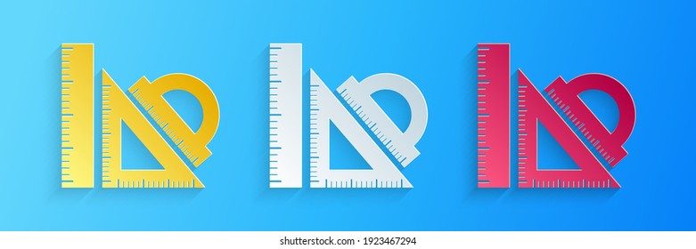 Recorte de papel Fijar regla, regla triangular e icono del protractor aislado en fondo azul. Signo de vanguardia. Signo de triángulo. Instrumentos geométricos. Estilo de arte de papel. Vector