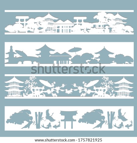 Paper cut set of stencils of Japanese landscapes. Panel for laser cutting. Bookmark set.