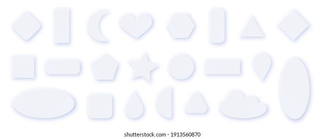 Paper cut set of white geometric shapes isolated on white background. There are heart, cloud, circle, moon, square and oval elements, that can be used for decoration of banners, cards.