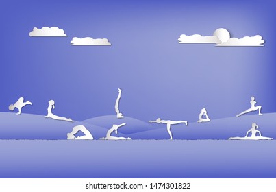 paper cut of set yoga with mountain scene