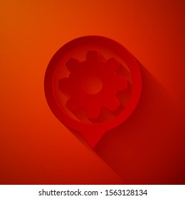 Paper cut Setting icon isolated on red background. Tools, service, cog, gear, cogwheel sign. Paper art style. Vector Illustration