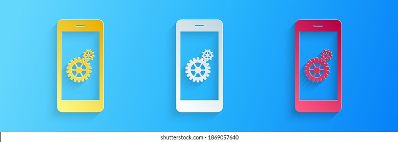 Paper cut Setting on smartphone screen icon isolated on blue background. Mobile and gear. Adjusting app, set options, repair, fixing phone concepts. Paper art style. Vector.