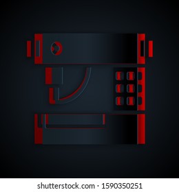 Paper cut Sewing machine icon isolated on black background. Paper art style. Vector Illustration