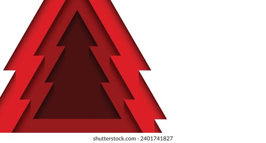 Paper cut in the shape of a Christmas tree with gradient colors divided into layers. Red and white background. Design element for banner, poster, backdrop, wallpaper. Vector illustration