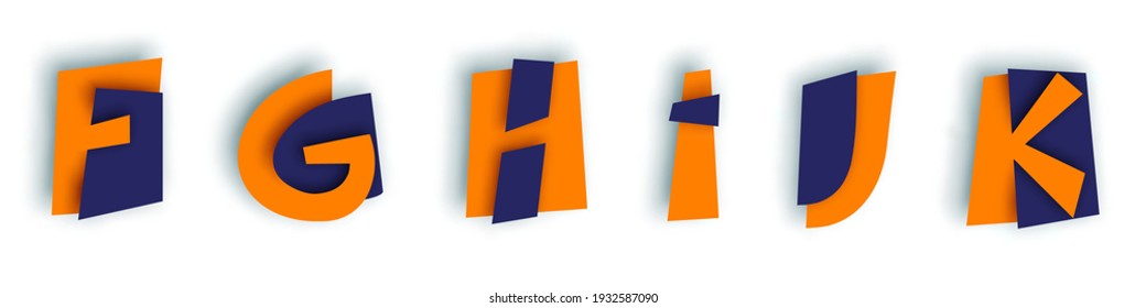 Paper cut shape letters designed with layers are flying over the sheet. Digital 3d F-K symbols are isolated on white background with shadow. Can be used for applique, print poster or postcard.