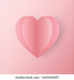 Paper cut in shape of pink heart on pink gradient background. Paper heart Origami. Paper cutting art. Symbols of love. Eps10 vector illustration.