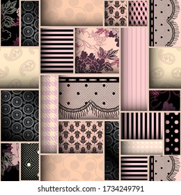 Paper cut shapes design pattern. Seamless vector pattern. Ligerie patchwork in layered style.