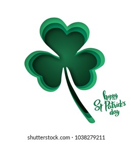 Paper cut shapes with silhouette of shamrock and lettering Happy St.Patrick's Day. Origami concept design vector background.