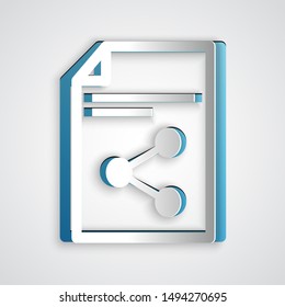 Paper cut Share file icon isolated on grey background. File sharing. File transfer sign. Paper art style. Vector Illustration