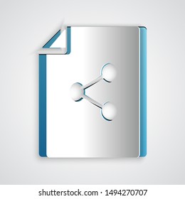 Paper cut Share file icon isolated on grey background. File sharing. File transfer sign. Paper art style. Vector Illustration