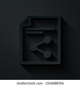 Paper cut Share file icon isolated on black background. File sharing. File transfer sign. Paper art style. Vector Illustration