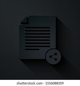 Paper cut Share file icon isolated on black background. File sharing. File transfer sign. Paper art style. Vector Illustration
