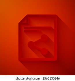 Paper cut Share file icon isolated on red background. File sharing. File transfer sign. Paper art style. Vector Illustration