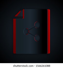 Paper cut Share file icon isolated on black background. File sharing. File transfer sign. Paper art style. Vector Illustration