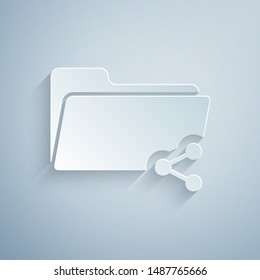 Paper cut Share folder icon isolated on grey background. Folder sharing. Folder transfer sign. Paper art style. Vector Illustration