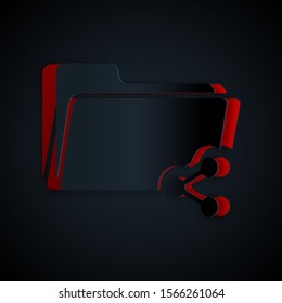 Paper cut Share folder icon isolated on black background. Folder sharing. Folder transfer sign. Paper art style. Vector Illustration
