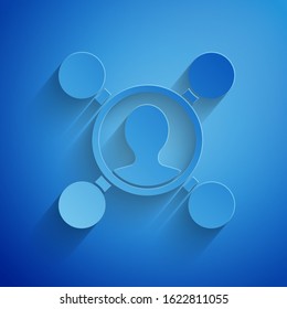 Paper cut Share icon isolated on blue background. Sharing, communication pictogram, social media, connection, network, distribute. Paper art style. Vector Illustration