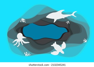 Paper cut shark, octopus, turtle. Paper craft underwater ocean cave with aquatic animals, coral reef, seabed in waves. Deep blue marine life. Vector sea wildlife