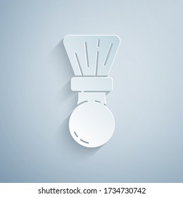 Paper cut Shaving brush icon isolated on grey background. Barbershop symbol. Paper art style. Vector Illustration