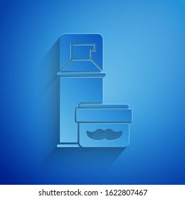 Paper cut Shaving gel foam icon isolated on blue background. Shaving cream. Paper art style. Vector Illustration