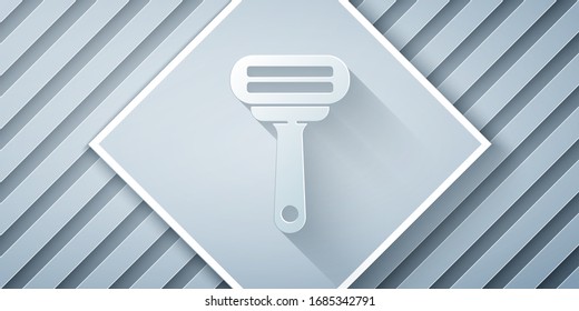 Paper cut Shaving razor icon isolated on grey background. Paper art style. Vector Illustration