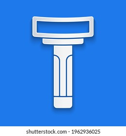Corte de papel Icono de afeitadora de afeitado aislado en fondo azul. Estilo de arte de papel. Vector