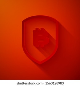Paper cut Shield with bitcoin icon isolated on red background. Cryptocurrency mining, blockchain technology, security, protect, digital money. Paper art style. Vector Illustration