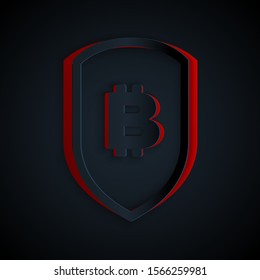 Paper cut Shield with bitcoin icon isolated on black background. Cryptocurrency mining, blockchain technology, security, protect, digital money. Paper art style. Vector Illustration