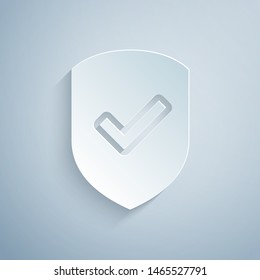 Paper cut Shield with check mark icon isolated on grey background. Protection symbol. Security check Icon. Tick mark approved icon. Paper art style. Vector Illustration