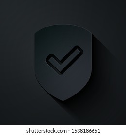 Paper cut Shield with check mark icon isolated on black background. Protection symbol. Security check Icon. Tick mark approved icon. Paper art style. Vector Illustration