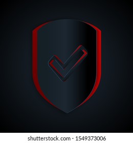 Paper cut Shield with check mark icon isolated on black background. Protection symbol. Security check Icon. Tick mark approved icon. Paper art style. Vector Illustration