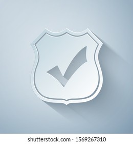 Paper cut Shield with check mark icon isolated on grey background. Protection, safety, security, protect, defense concept. Tick mark approved icon. Paper art style. Vector Illustration