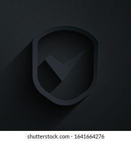 Paper cut Shield with check mark icon isolated on black background. Security, safety, protection, privacy concept. Tick mark approved. Paper art style. Vector Illustration