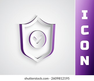 Paper cut Shield with check mark icon isolated on grey background. Protection symbol. Security check Icon. Tick mark approved icon. Paper art style. Vector