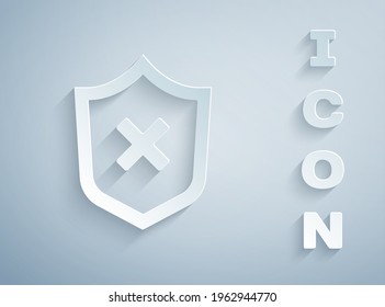 Paper cut Shield with cross mark icon isolated on grey background. Shield and rejected. Notice of refusal. Paper art style. Vector