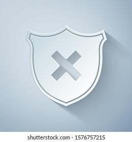 Paper cut Shield and cross x mark icon isolated on grey background. Denied disapproved sign. Protection, safety, security concept. Paper art style. Vector Illustration