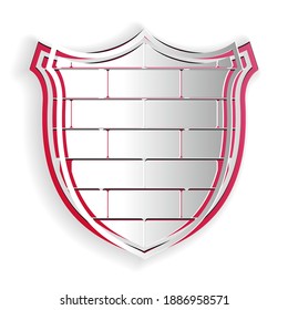 Paper cut Shield with cyber security brick wall icon isolated on white background. Data protection symbol. Firewall logo. Network protection. Paper art style. Vector.